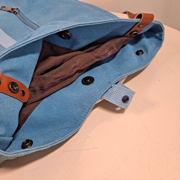 Light Blue Denim Backpack with Camel PU Trim, 2 Sections, Pockets, EUC main image 4